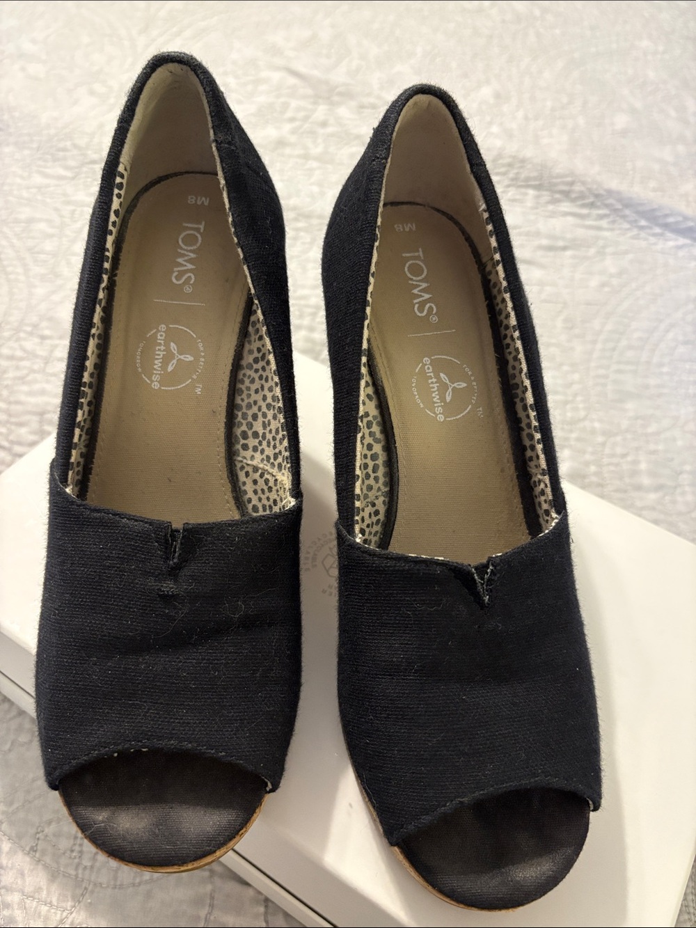 TOMS Women’s Black Canvas Peep-Toe Wedges